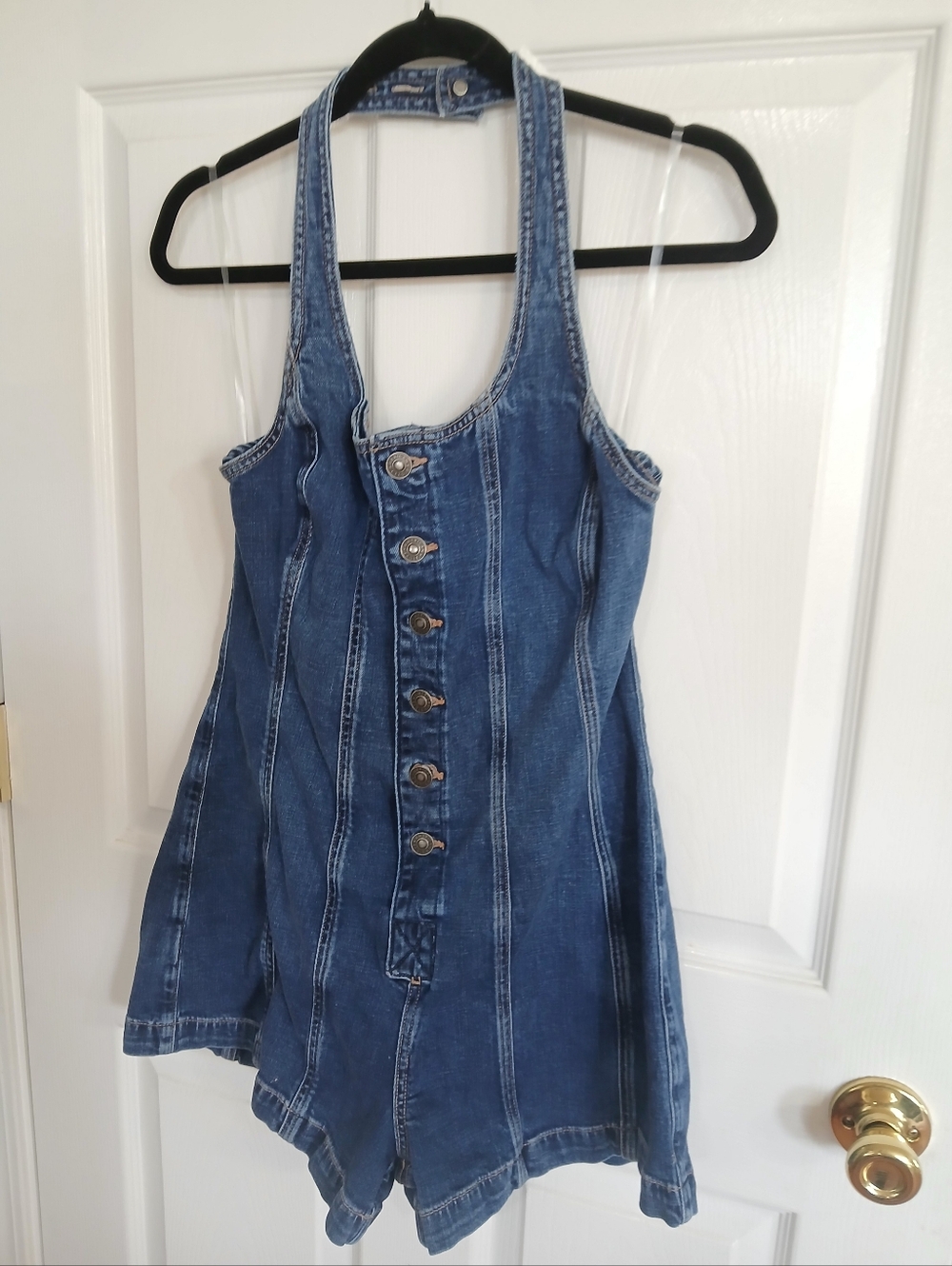 American Eagle Denim Button-Front Halter Romper in Dark Blue 70s Boho Western - Picture 3 of 9